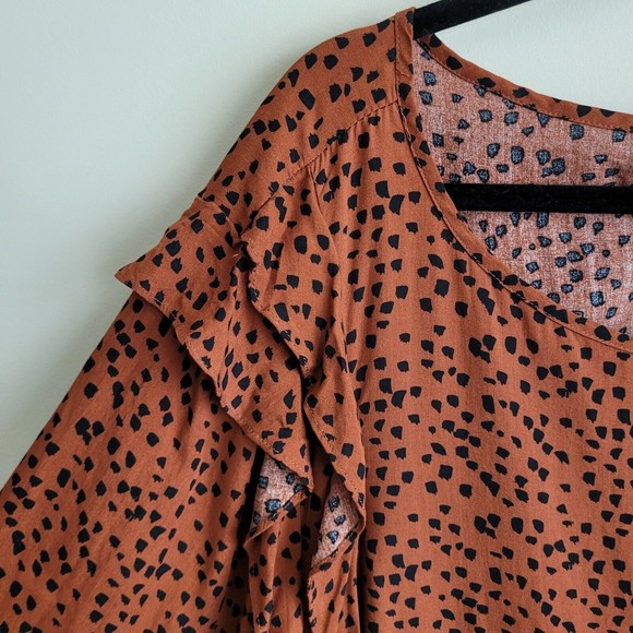 Eloquii Womens Blouse Plus Size 28 Graphic Dot Print Ruffles Puff Sleeves Brown - Picture 4 of 9